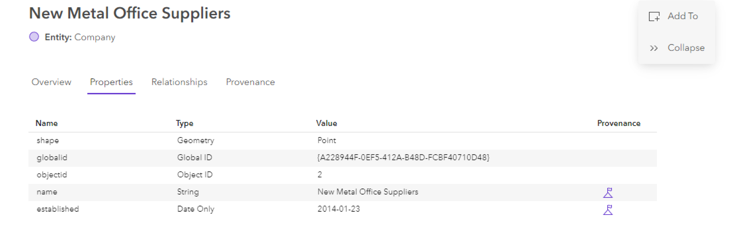 Content for a selected entity on the Properties tab in the knowledge graph view Content for a selected entity on the Properties tab in the knowledge graph view